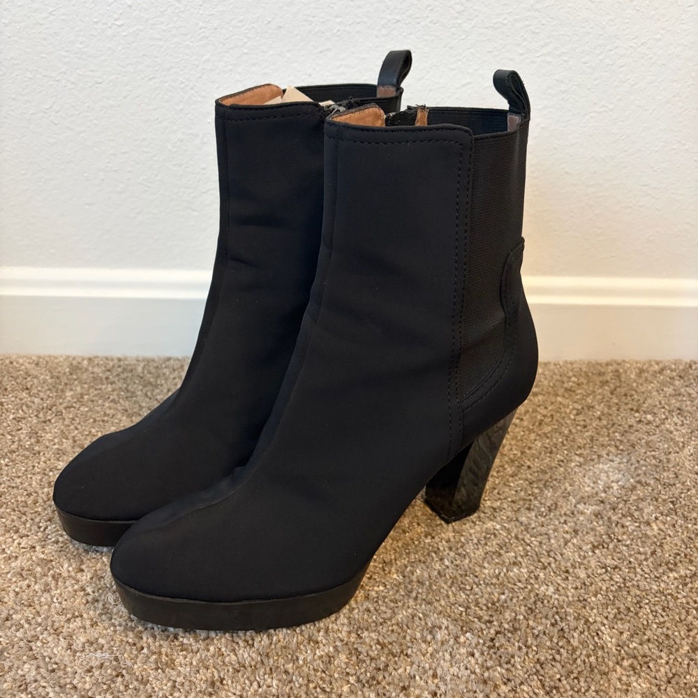 Black Crepe Platform Stretch Ankle Booties with Chunky Heel